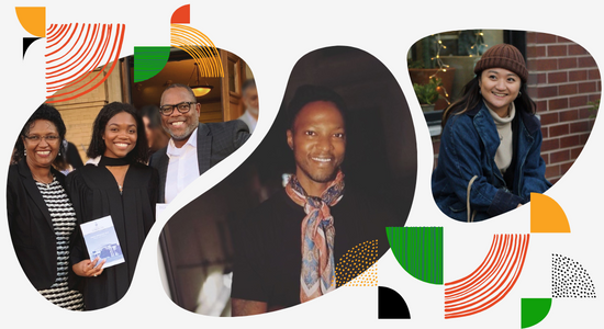 Banner features three photos of people smiling at the camera.